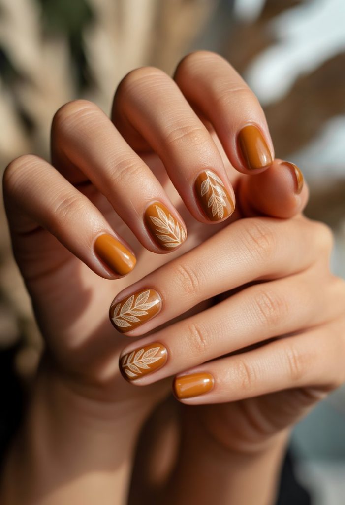 Amber Brown with Leaf Imprints Nail