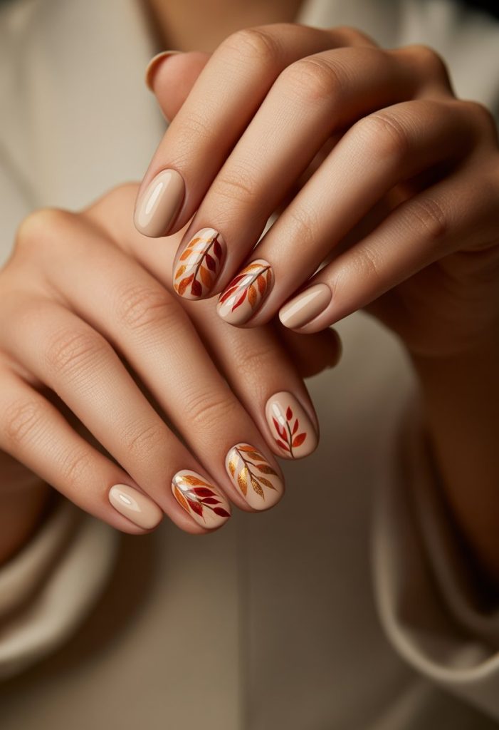 Beige Base with Autumn Leaf Art Nails