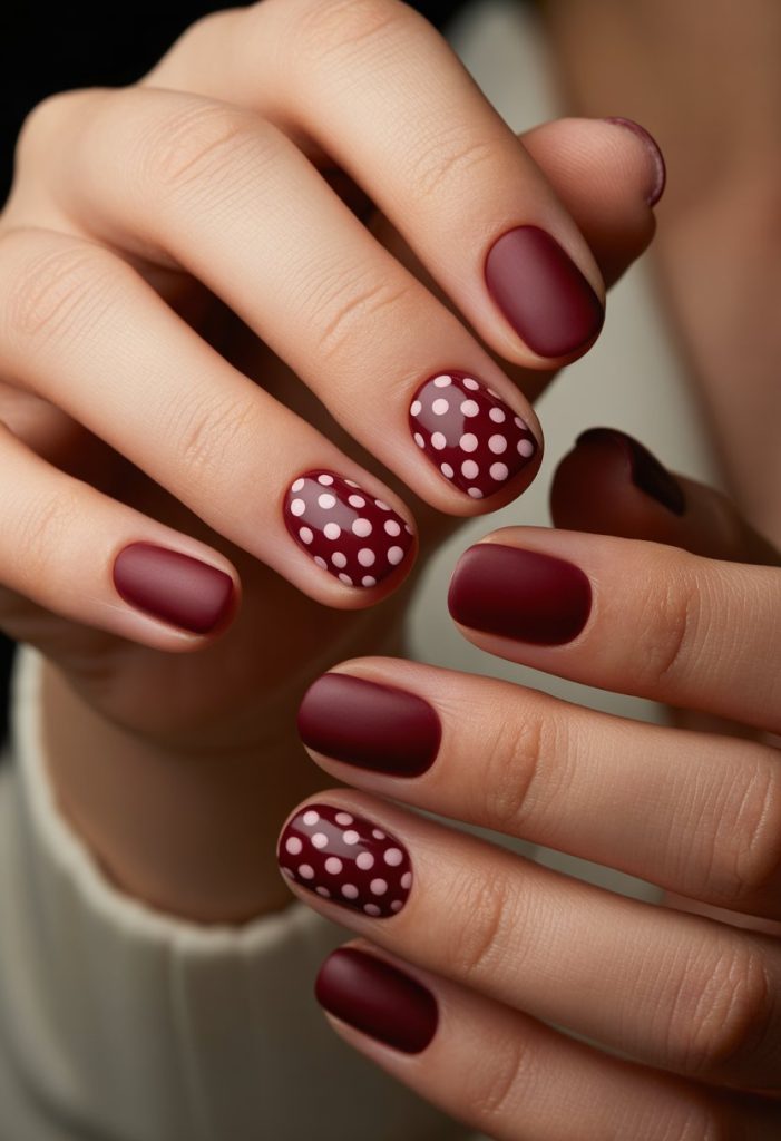 Burgundy Matte Base with Shiny Polka Dots Nails