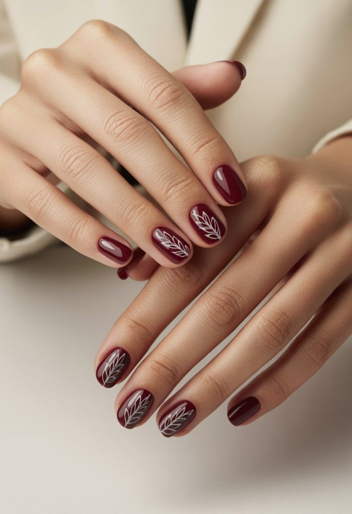 Burgundy with Leaf Outline in White Nails