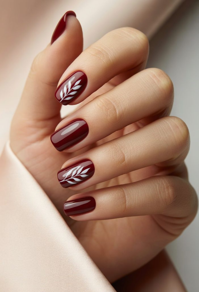Burgundy with White Leaf Art Nail