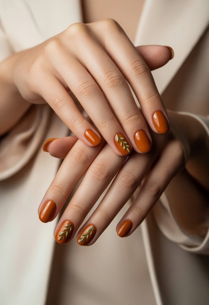 Burnt Orange with Tiny Leaf Embellishments Nails