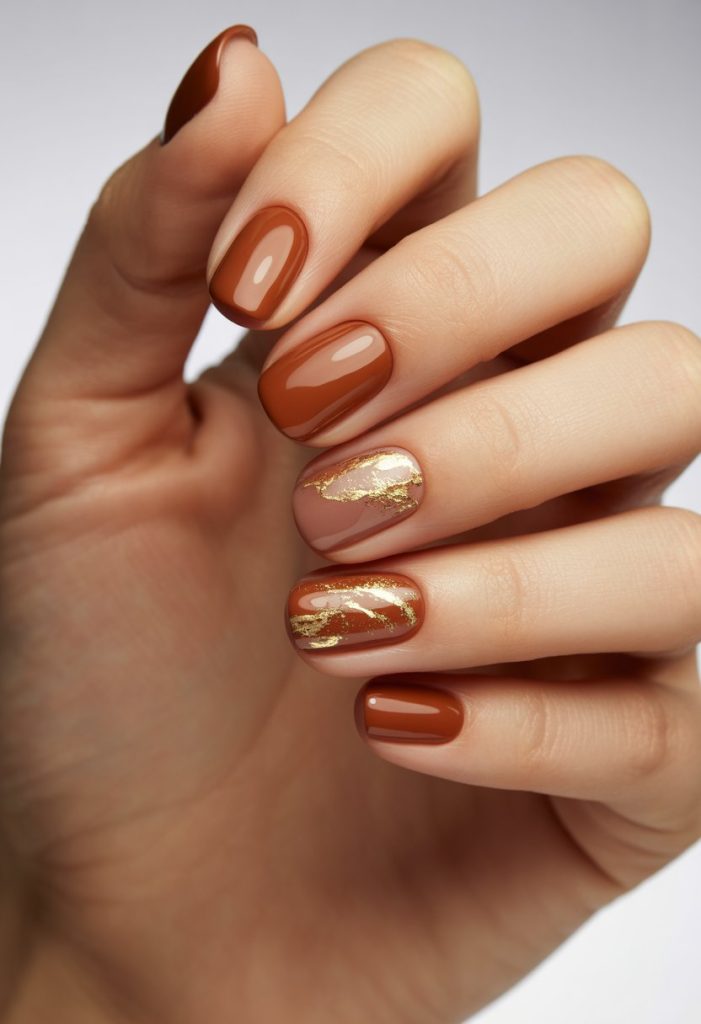 Burnt Sienna with Gold Leaf Accent Nail