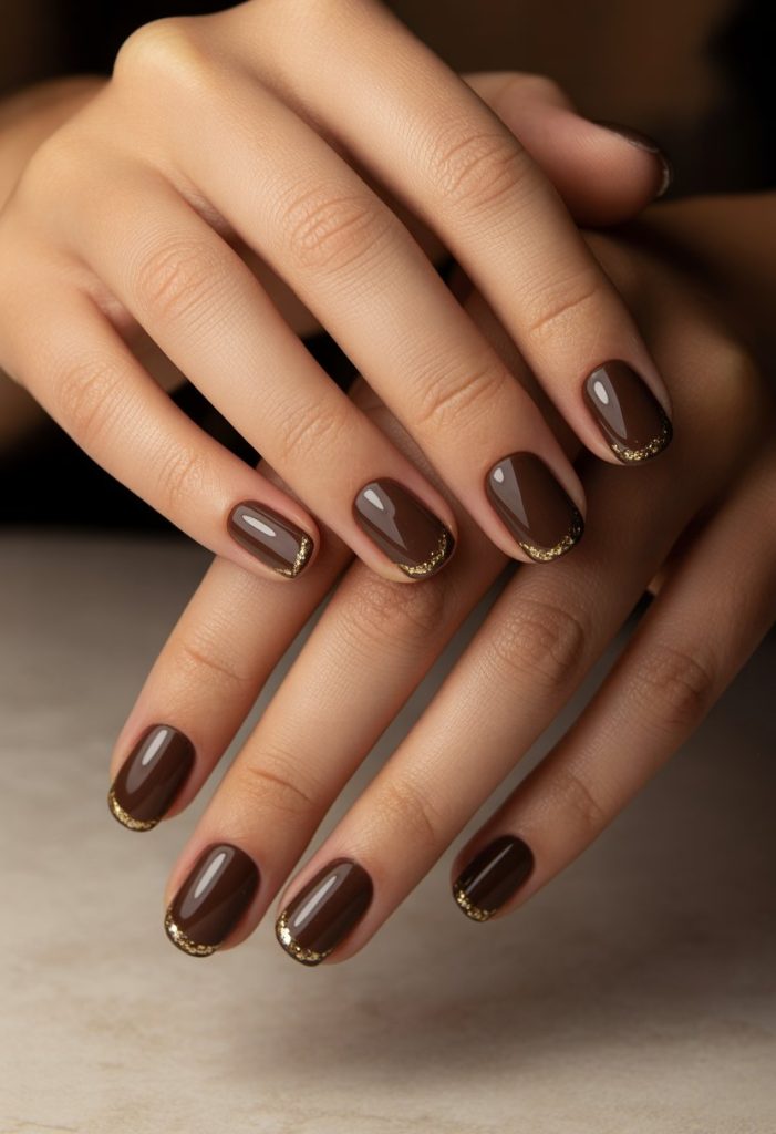 Chocolate Brown French Tips with Gold Accent Nails