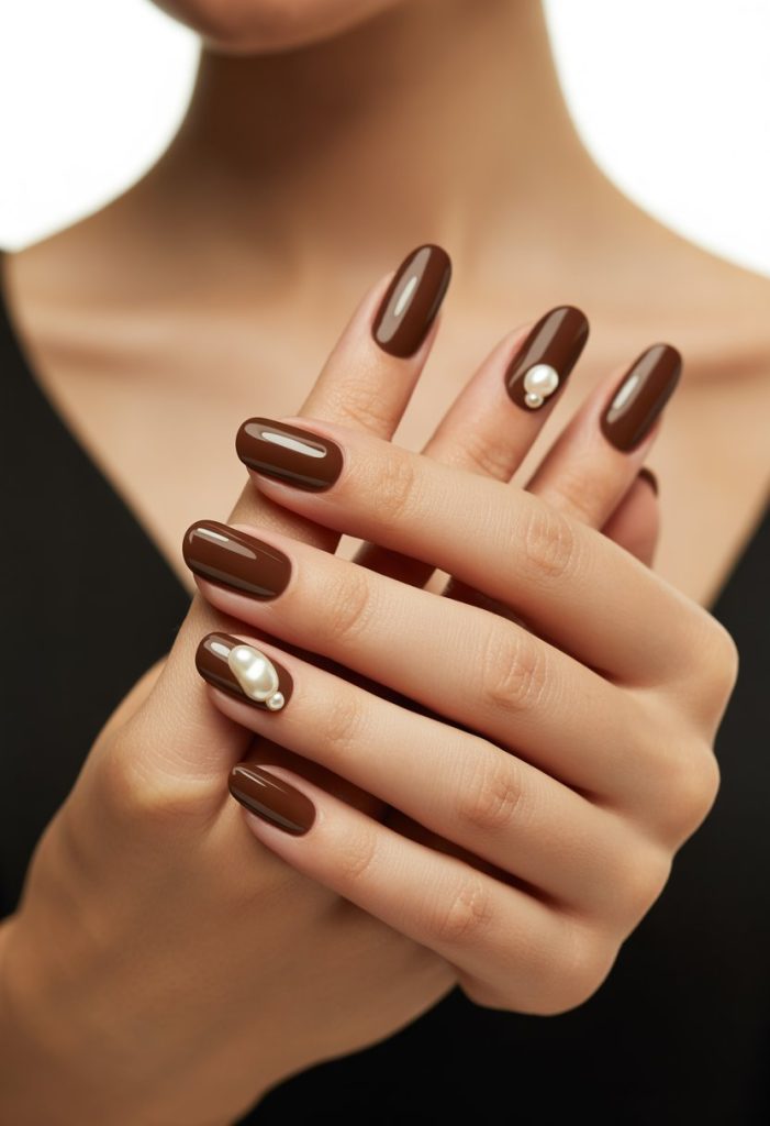 Chocolate Brown with Pearl Detail Nail