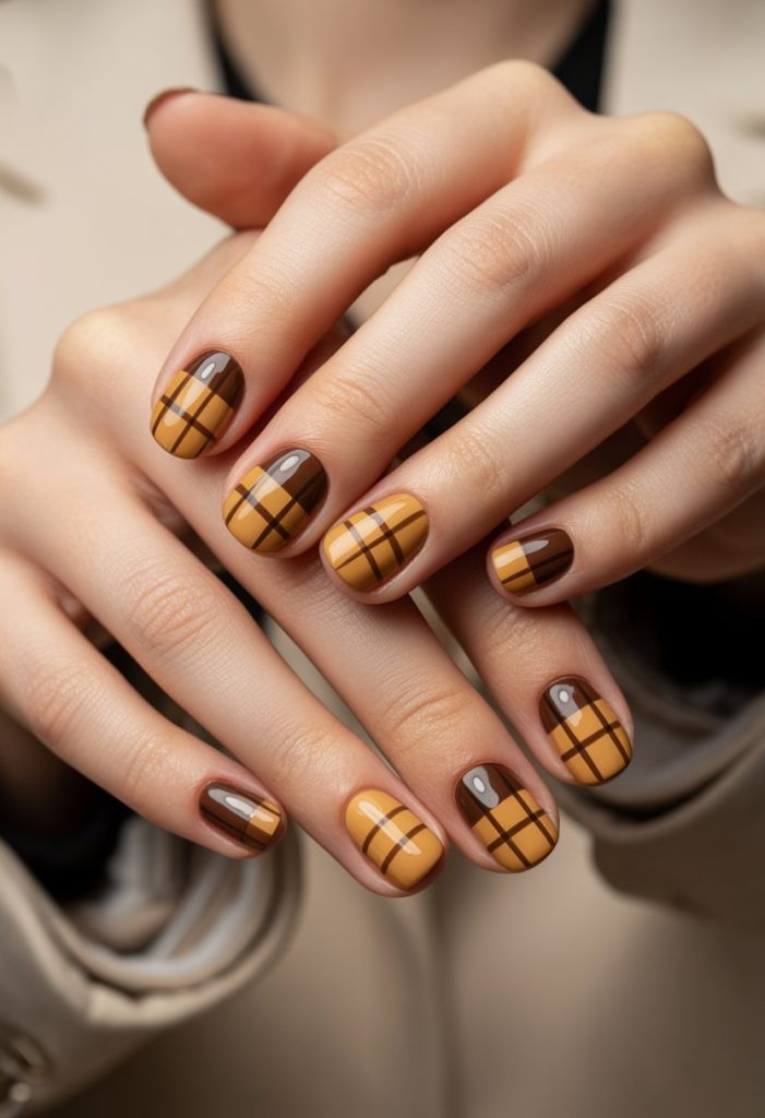 Chocolate and Mustard Plaid Nails
