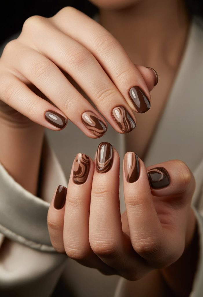 Chocolate and Tan Marble Design Nails
