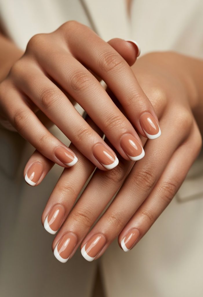 Classic French Tip with Warm Brown Base Nails