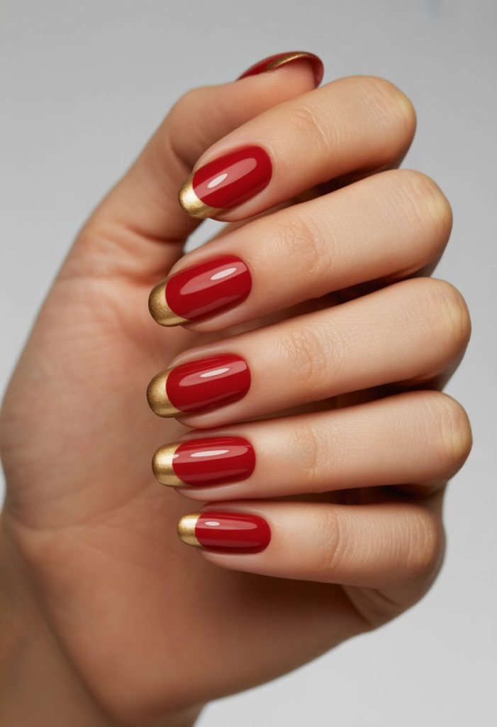 Classic Red with Matte Gold Tips Nail