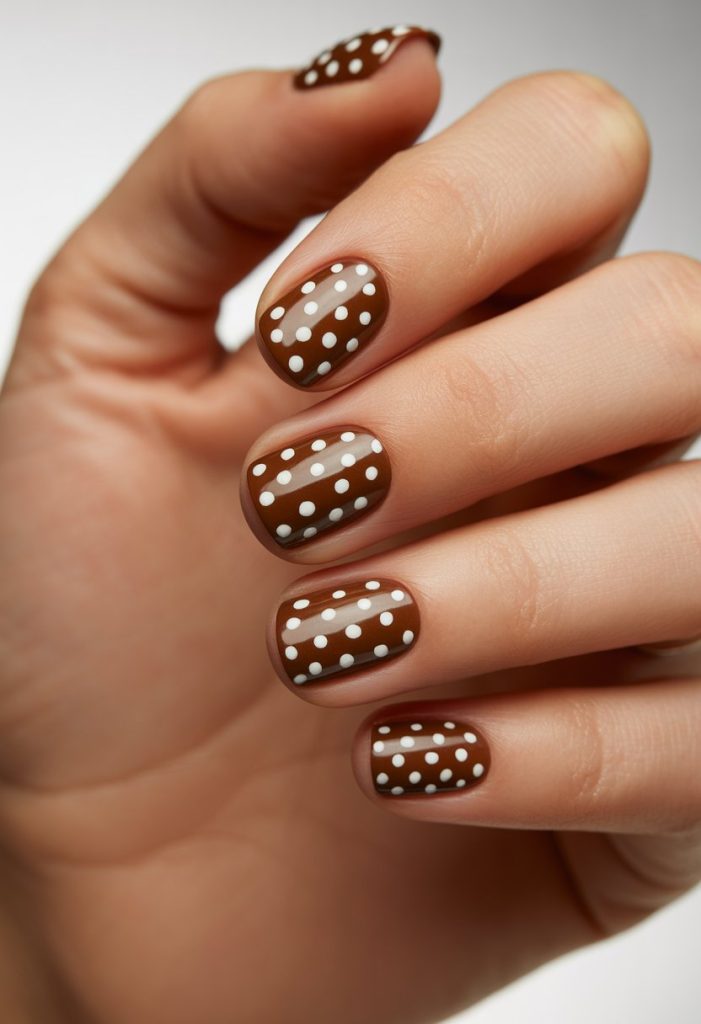 Coffee Brown with White Polka Dots Nail