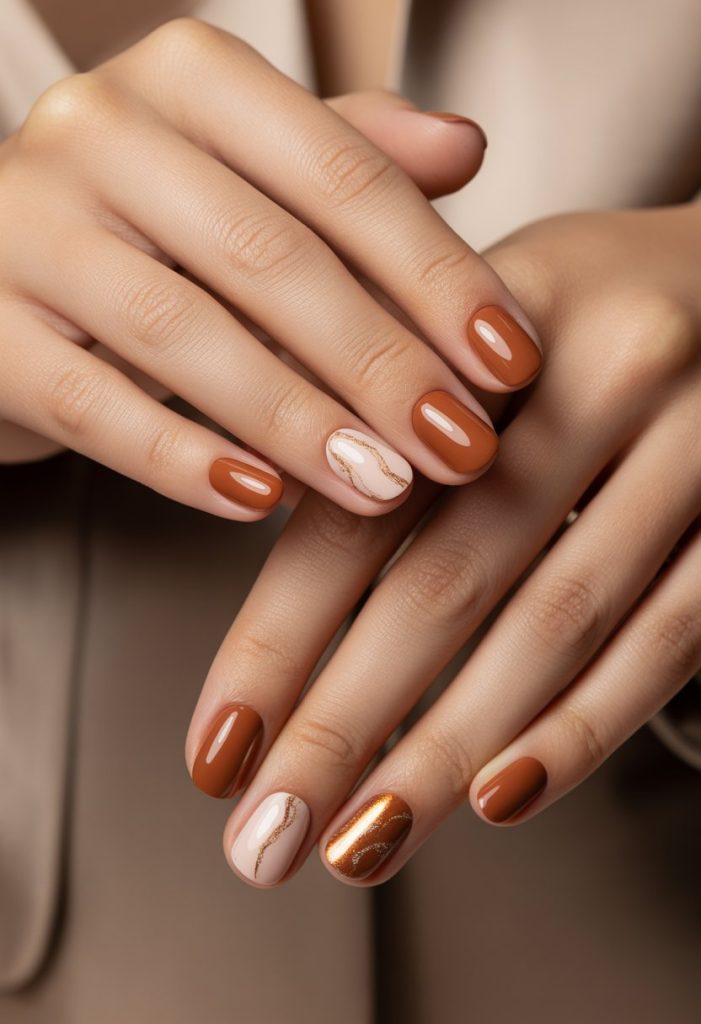 Copper Brown with Accent Nail Art