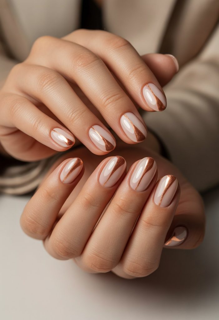 Copper Metallic Accent on Nude Base Nails