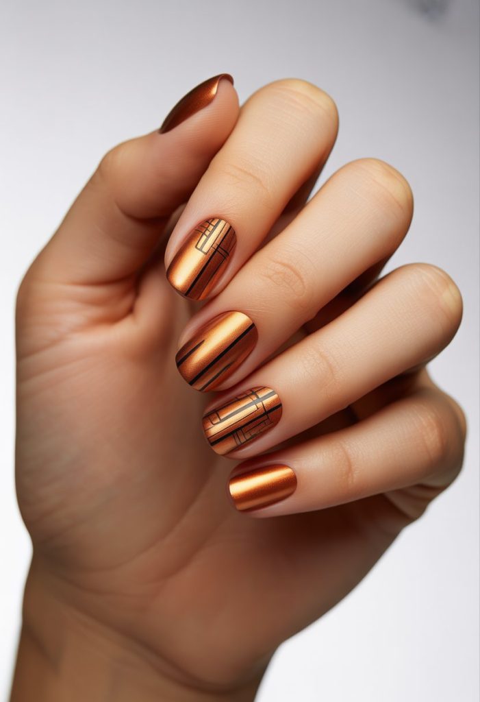 Copper Metallic with Geometric Lines Nails