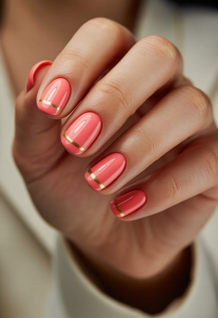 Coral pink with gold stripes Nail