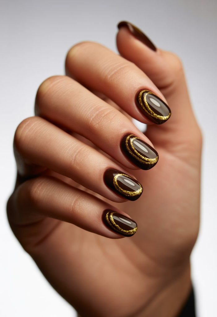 Dark Brown with Gold Swirls nail