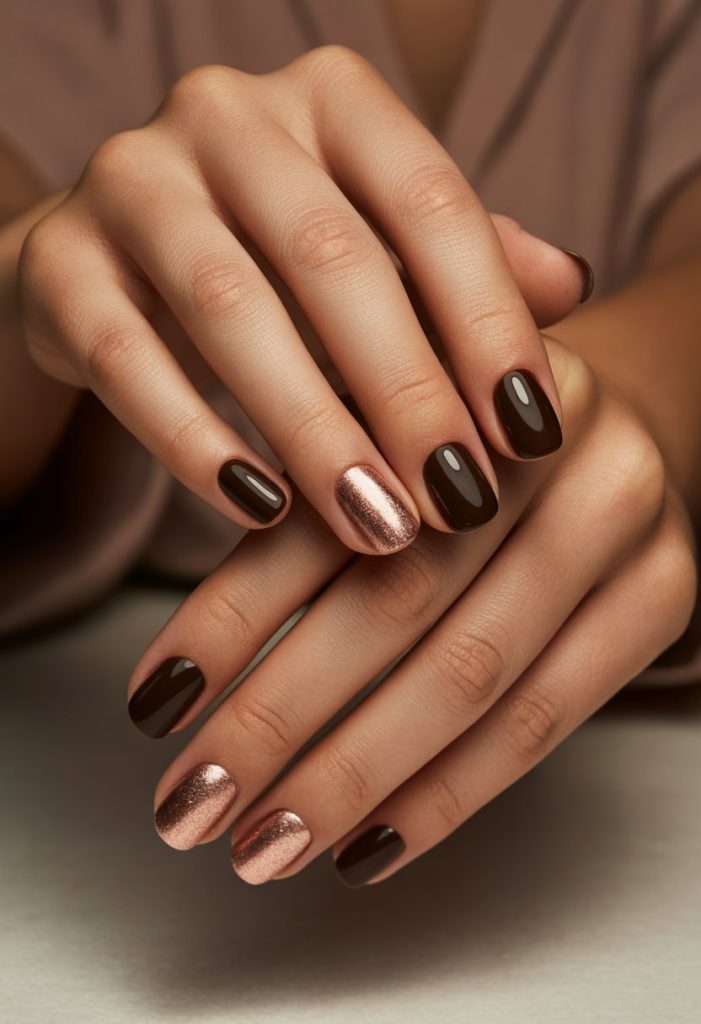 Dark Chocolate and Rose Gold Combo Nail