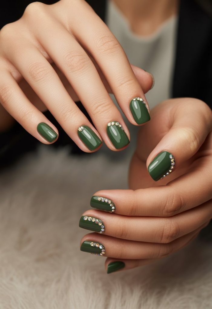 Dark Forest Green with Tiny Rhinestones Nails