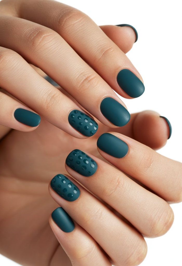 Dark Teal Matte with Glossy Dots Nails