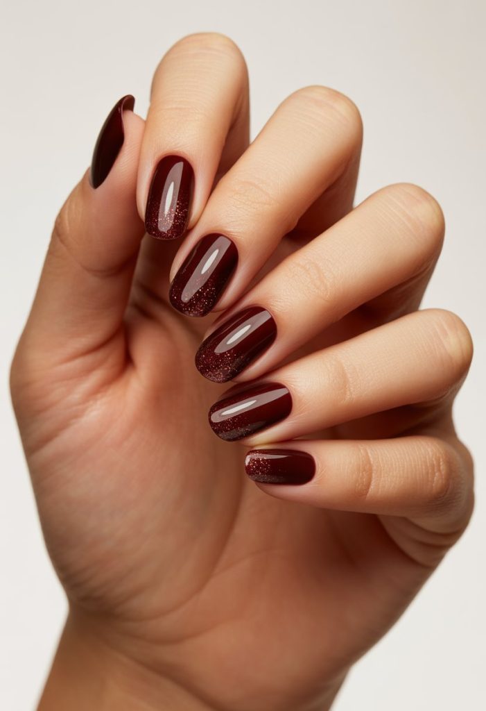 Deep Mahogany with Glitter Gradient Nail