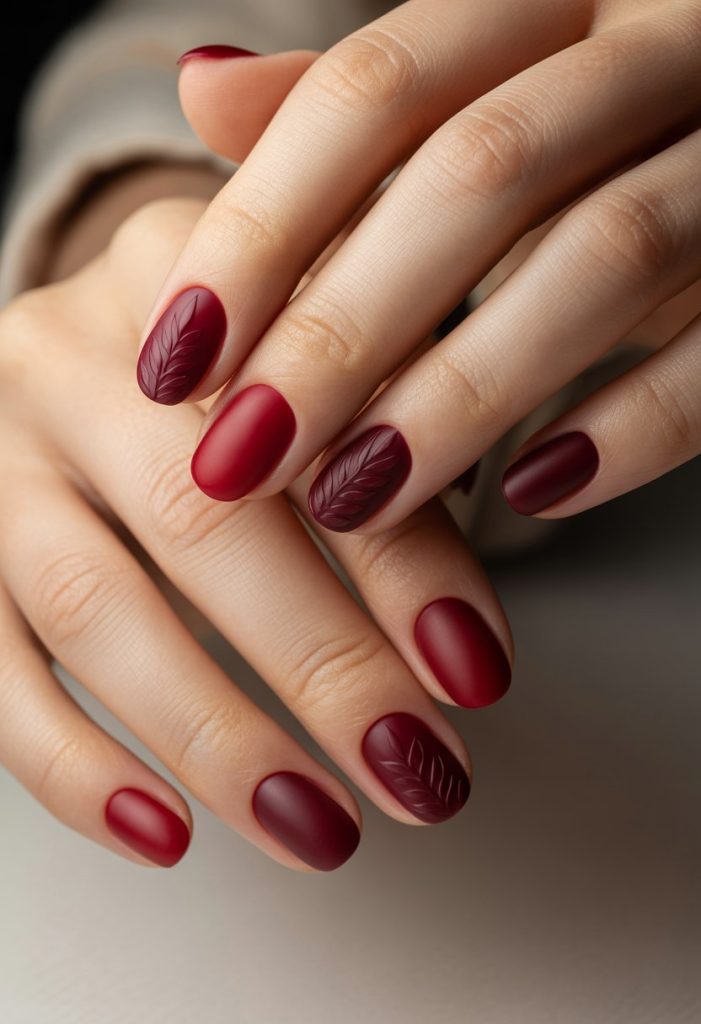 Deep Red with Matte Leaf Imprint Nails