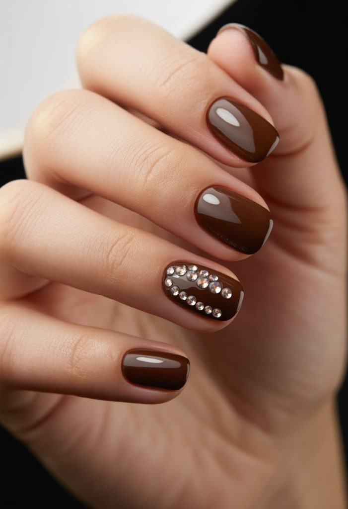 Glossy Chocolate Brown with Rhinestones Nail