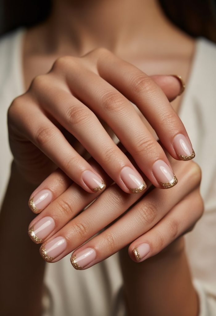 Golden Glitter French Tips Nails