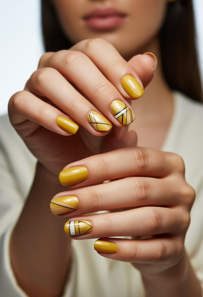 Golden Yellow with Geometric Shapes Nails
