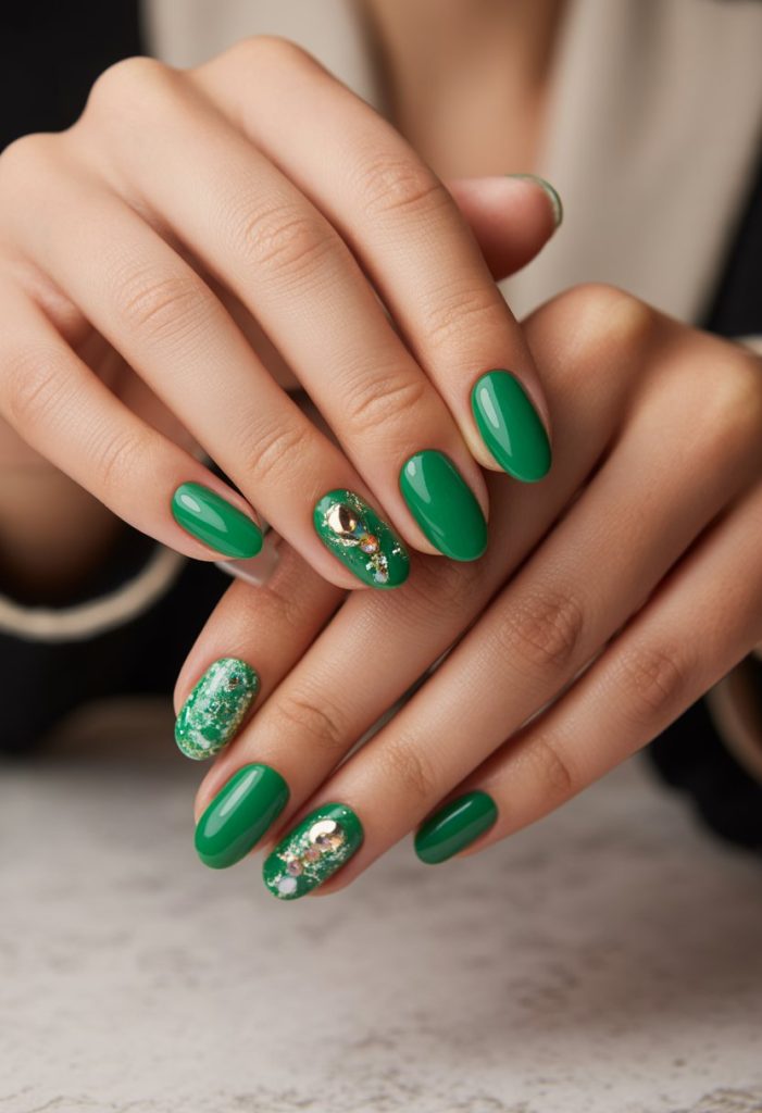 Green Nails with Glittery Ornaments
