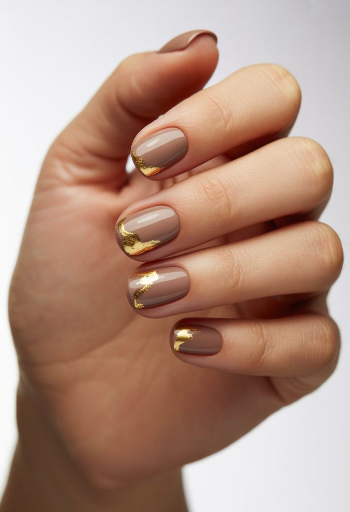 Light Brown with Gold Foil Accents Nail