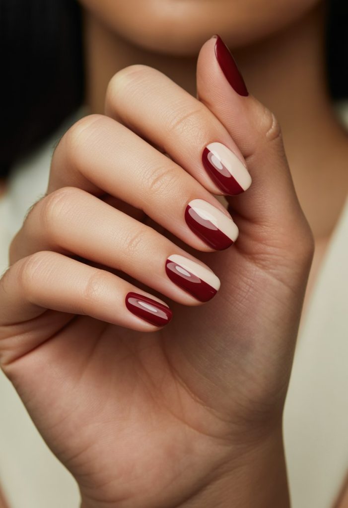 Maroon and Cream Color Block Nail