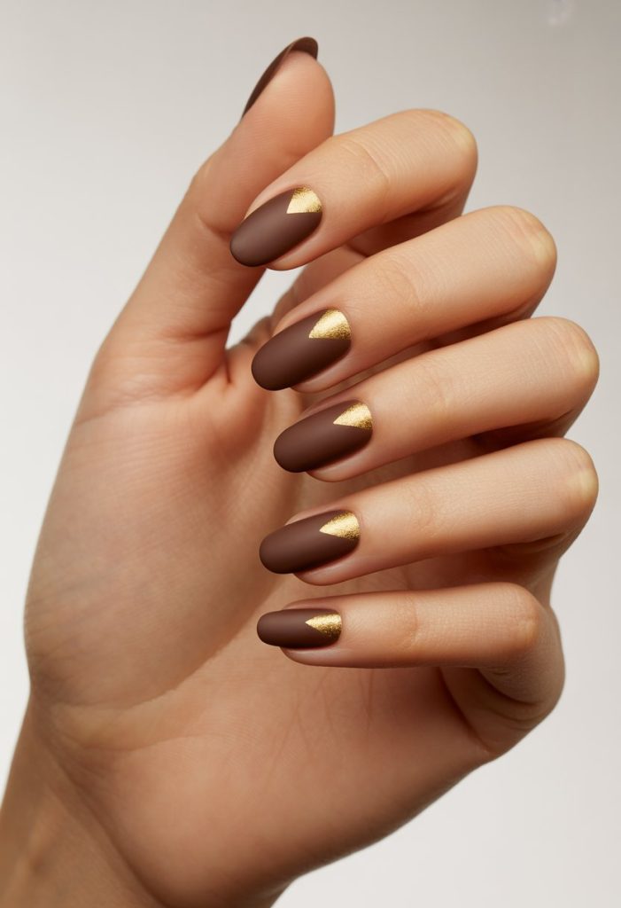 Matte Brown with Gold Triangles Nails