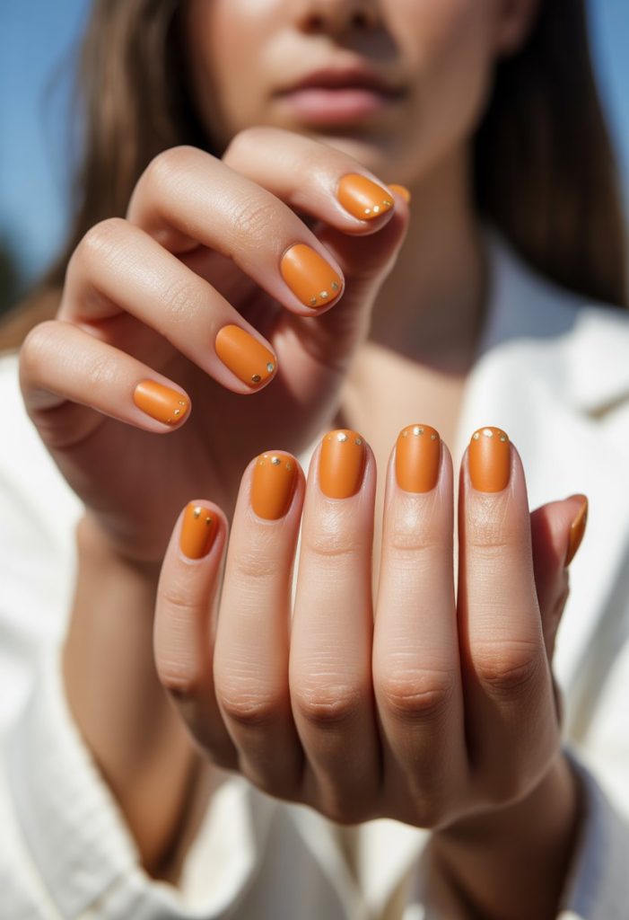 Matte Pumpkin Orange with Gold Dots Nails