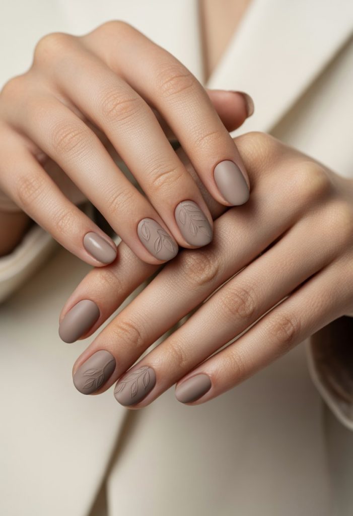 Matte Taupe with Leaf Stamping Nails