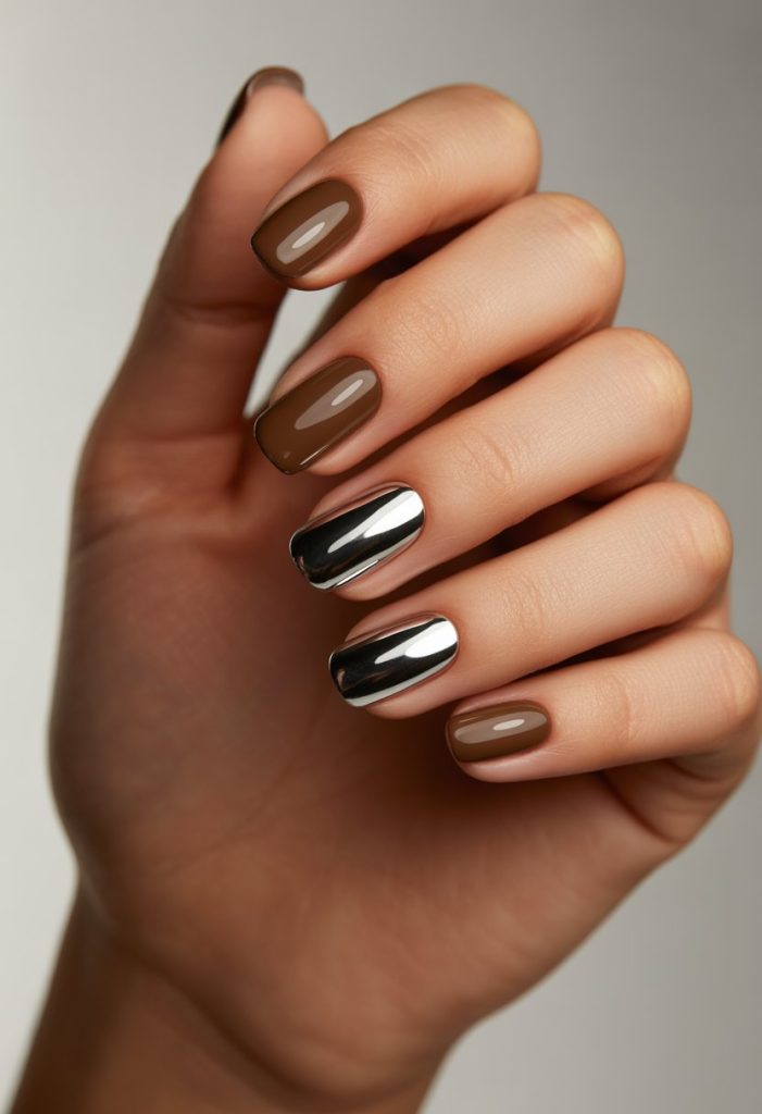 Mocha Brown with Chrome Accents Nail