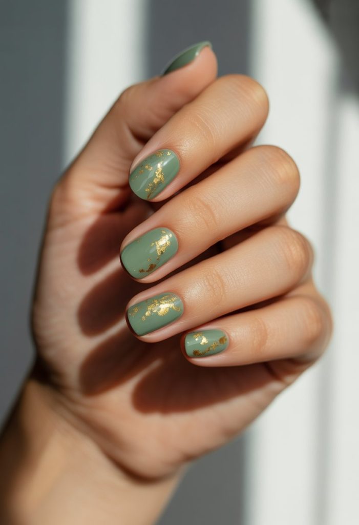 Muted Green with Gold Confetti Nail