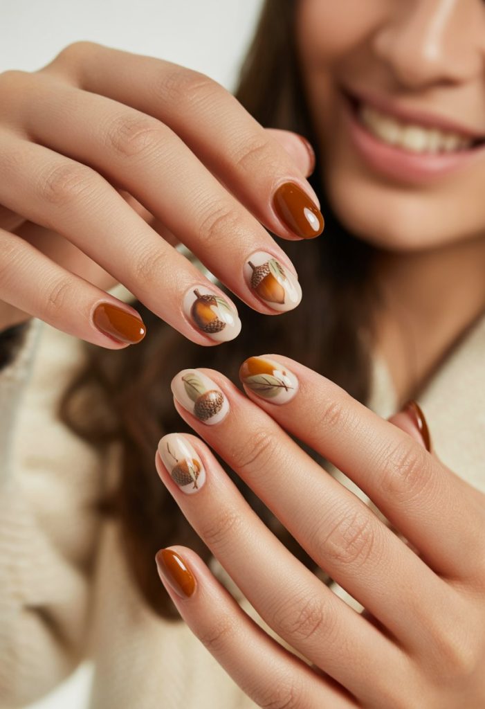 Nail Art Featuring Tiny Acorns