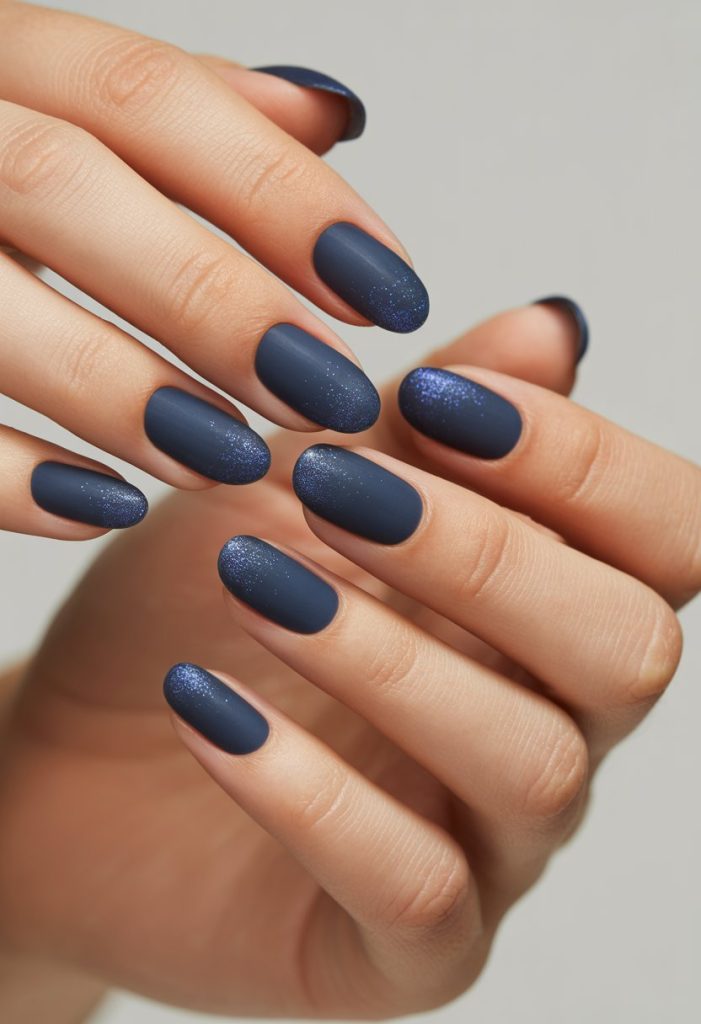 Navy Blue Matte with Glitter Gradient Nails