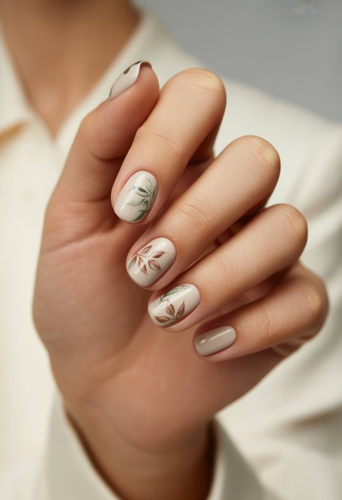Neutral Beige with Leaf Stamping Nail