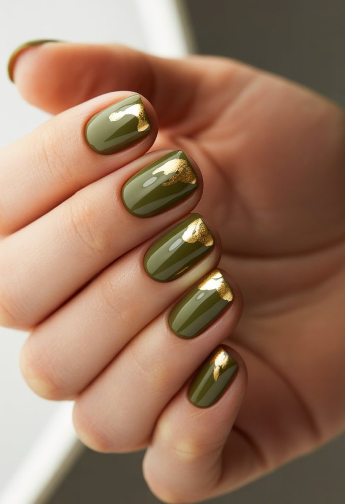 Olive Green with Gold Leaf Tips Nail