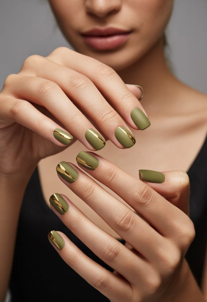Olive Matte with Geometric Gold Nails