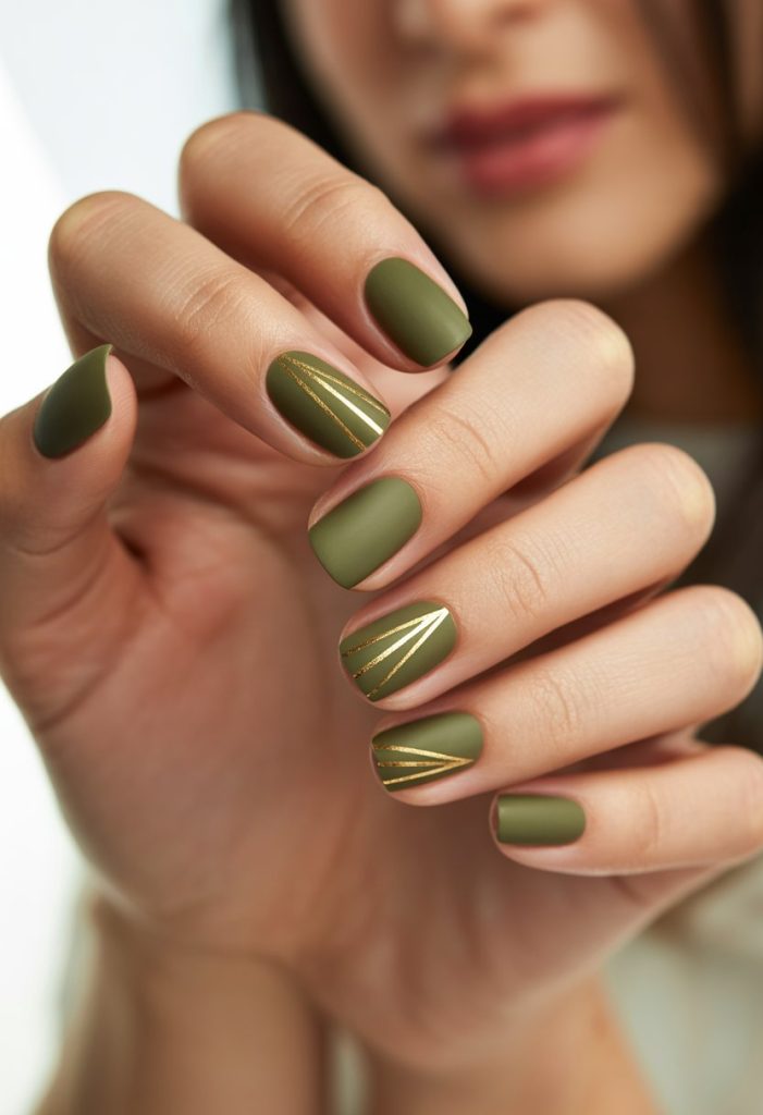 Olive Matte with Gold Geometric Lines Nail