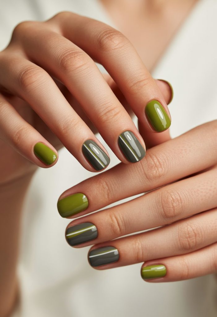 Olive and Charcoal Mix with Thin Lines Nails