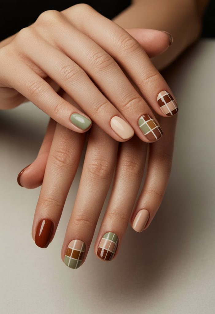 Plaid Nail Art in Earth Tones Nails