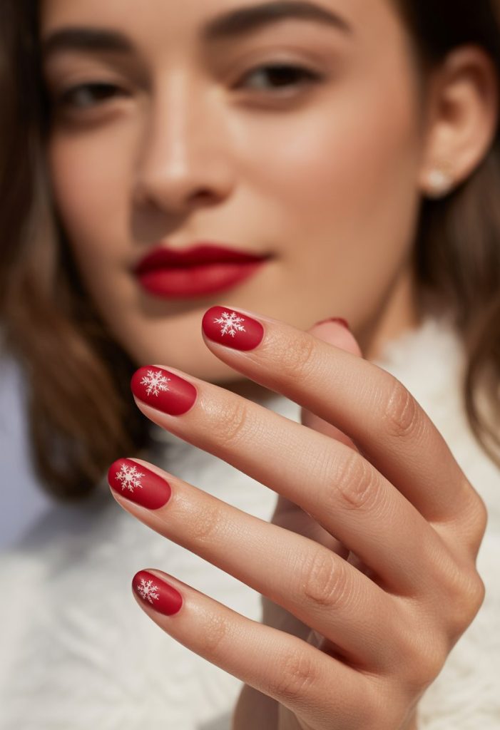 Red Matte Nails with Tiny White Snowflakes