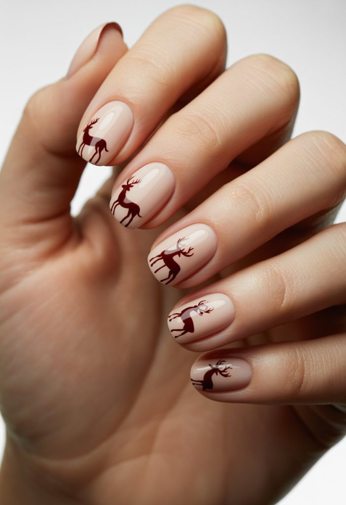 Reindeer Silhouettes on Nude Base Nail