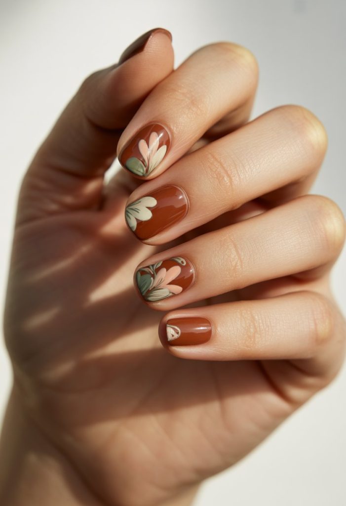 Rust Brown with Floral Patterns Nail