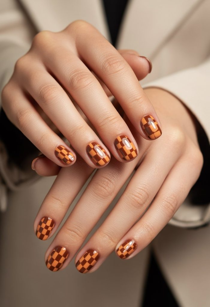 Rust Orange and Brown Checkered Pattern Nails