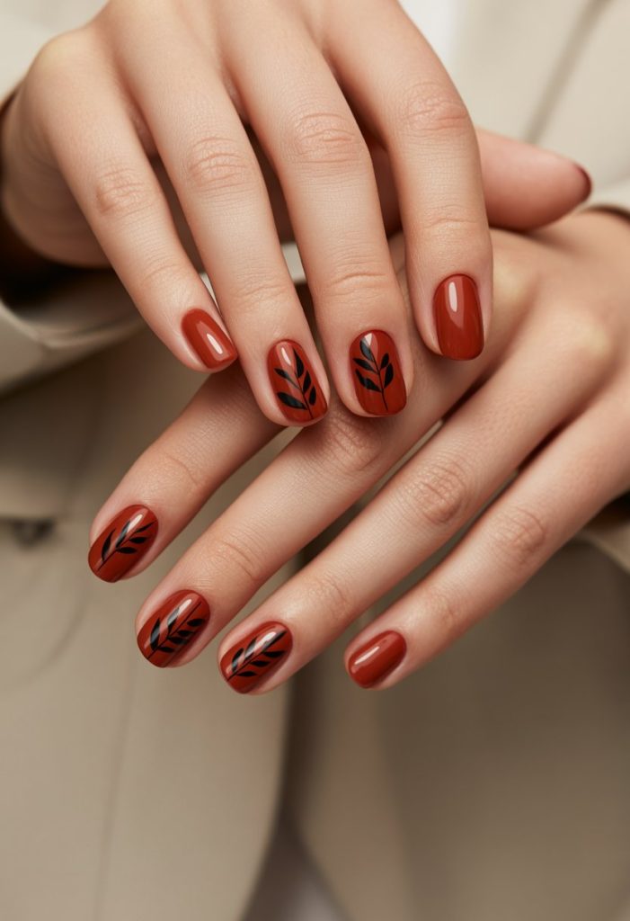 Rust Red with Black Leaf Silhouettes Nails