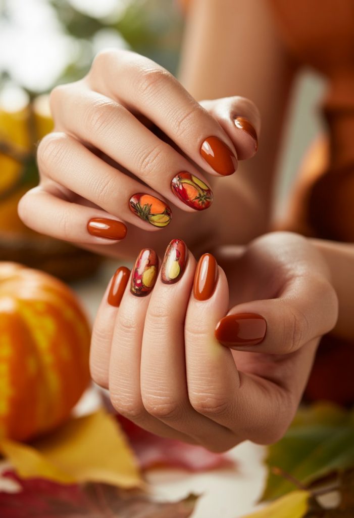Rusty Red with Autumn Fruit Art Nails