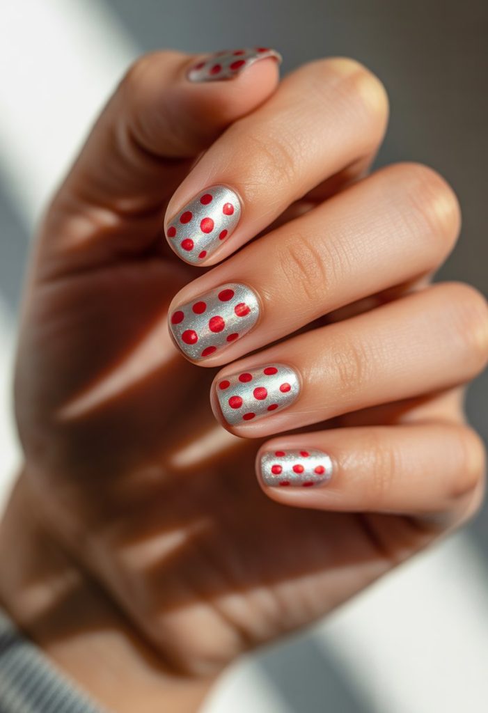 Shimmering Silver with Red Dots Nail